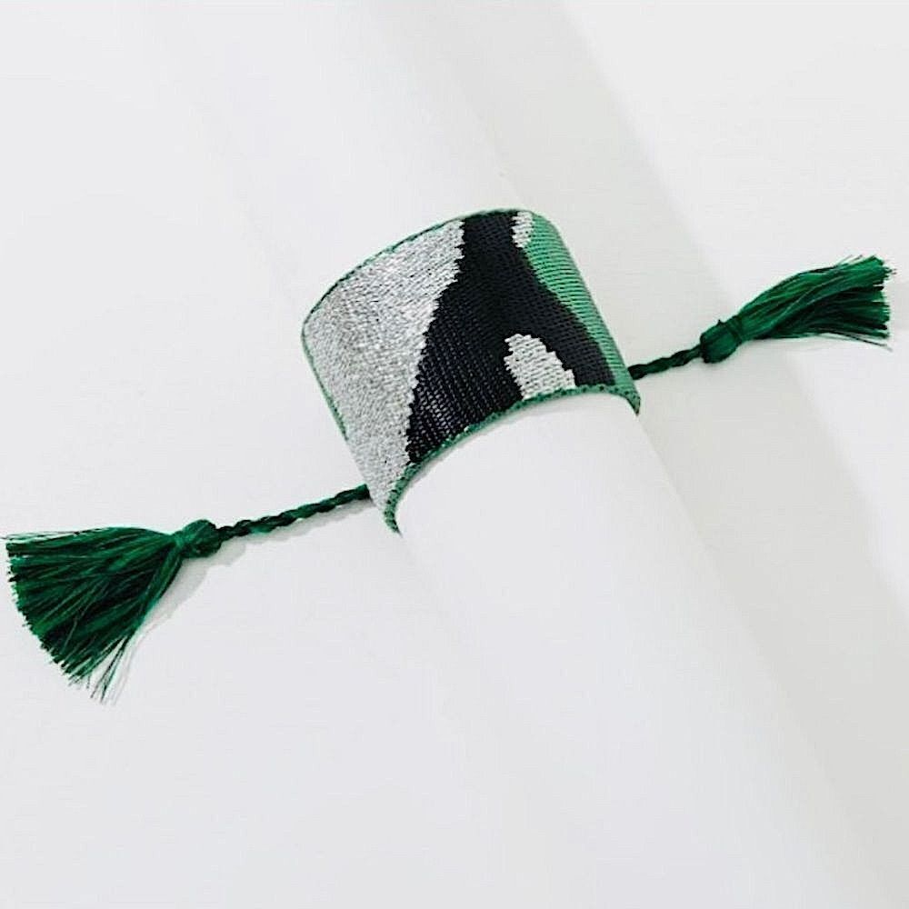 Unique Artisan Woven Bracelet Emerald Green Silver Tribal Geometric Boho Chic - Picture 2 of 7